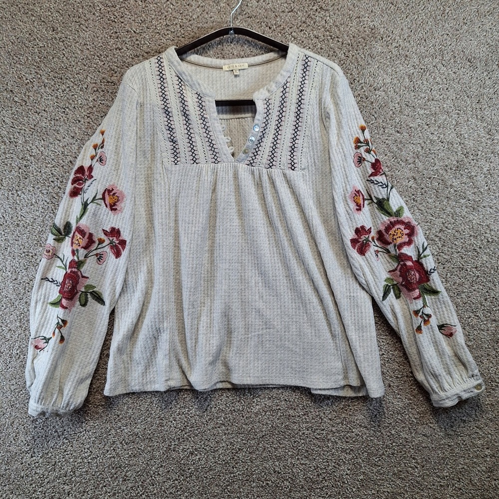 Kate & Sam Blouse Women XL Multicolor Embroidered Floral Waffle Knit Henley Boho